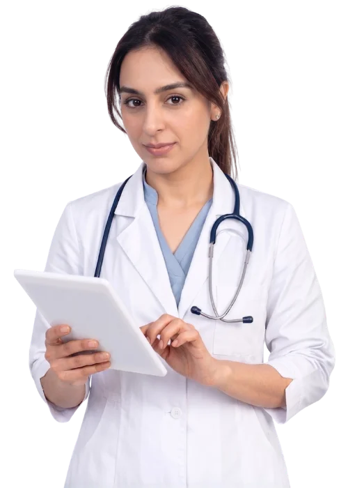Female primary care doctor wearing a white coat and stethoscope while holding a digital tablet.