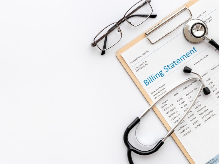 Medical billing statement for Urgent Care Open Now with stethoscope and clipboard