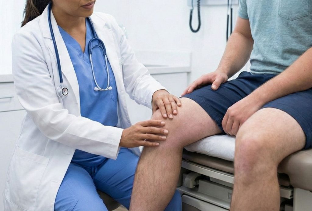 A doctor examines a patient's knee injury in a clinical setting, typical of care at ambetter covered medical clinics.