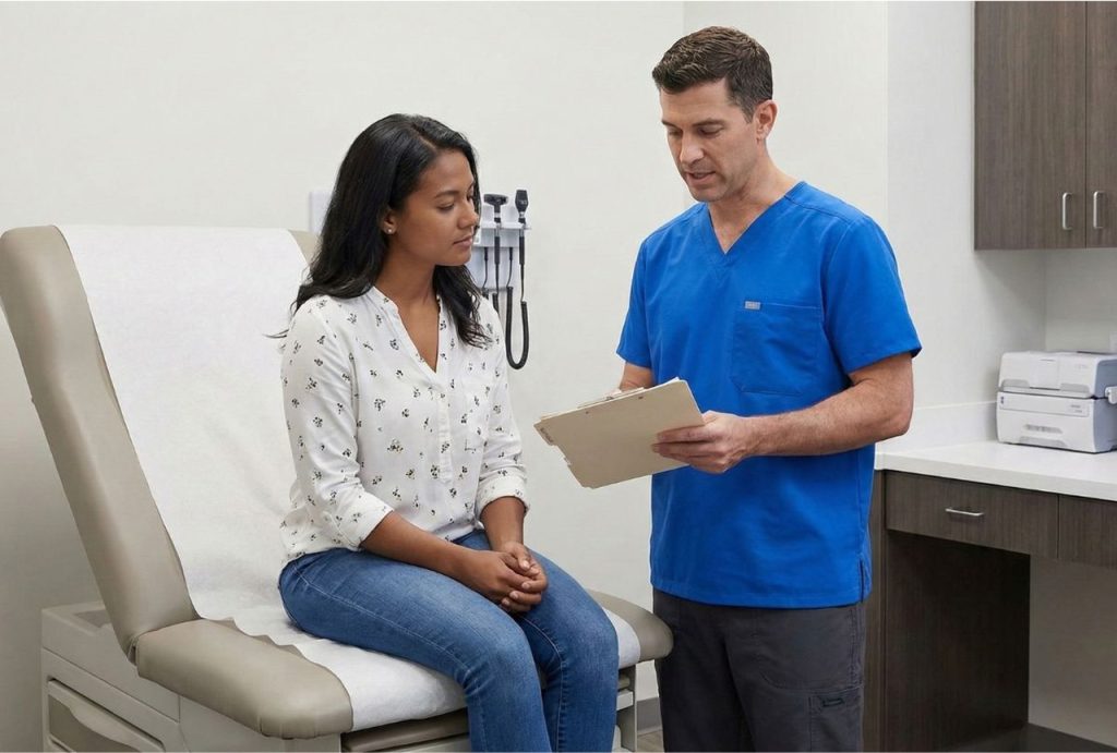 A nurse in blue scrubs reviews a clipboard with a patient at a walk-in clinic that takes Ambetter insurance.