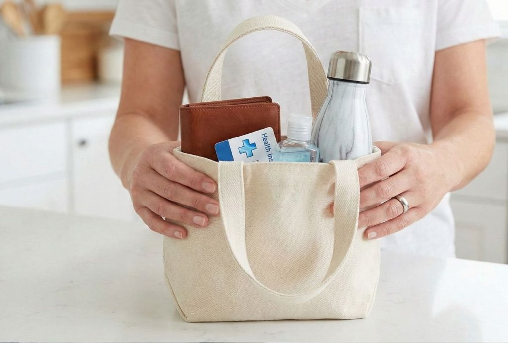 A person holds a bag with essentials including a health insurance card, ready for a visit to an Ambetter urgent care center.