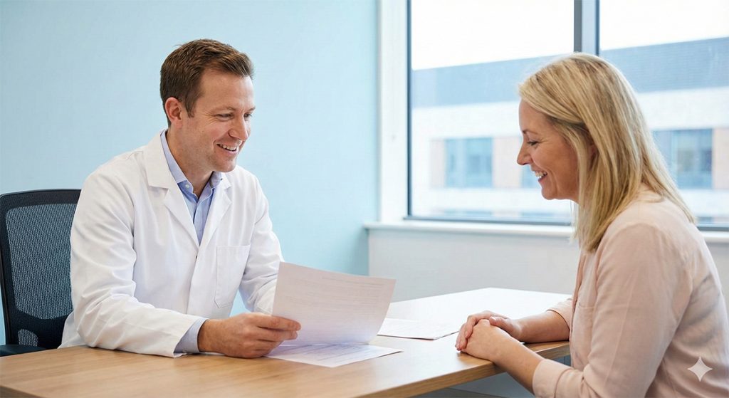 Compassionate doctor reviewing documents with patient in bright consultation room: Trusted Ambetter accepted doctors Houston providing personalized care and support.