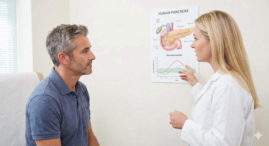 Diabetes doctor Houston educating patient about pancreas function and glucose levels using anatomical chart for better understanding and control.