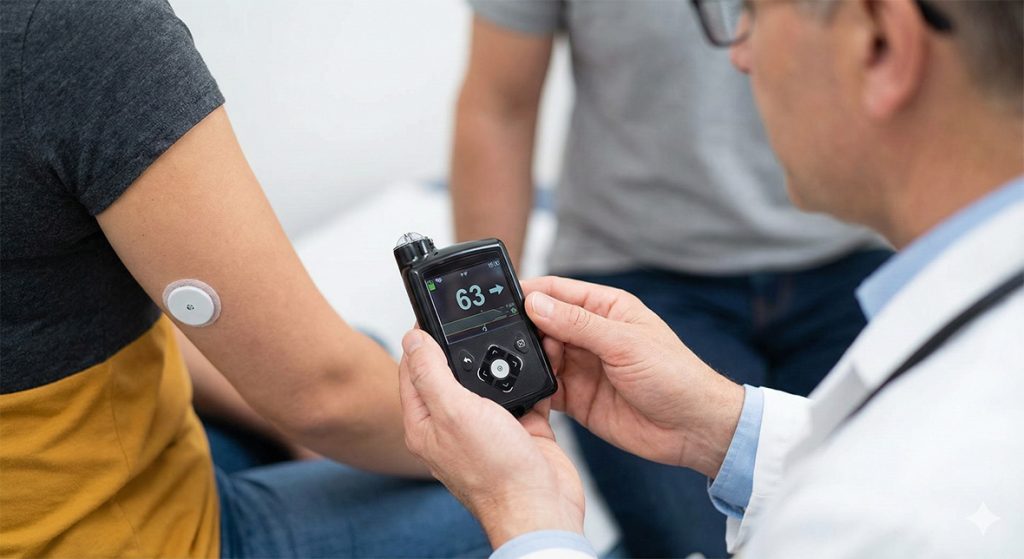 Doctor checking continuous glucose monitor reading of 63 on patient’s arm during diabetes consultation: Expert diabetes doctor Houston for personalized blood sugar management.