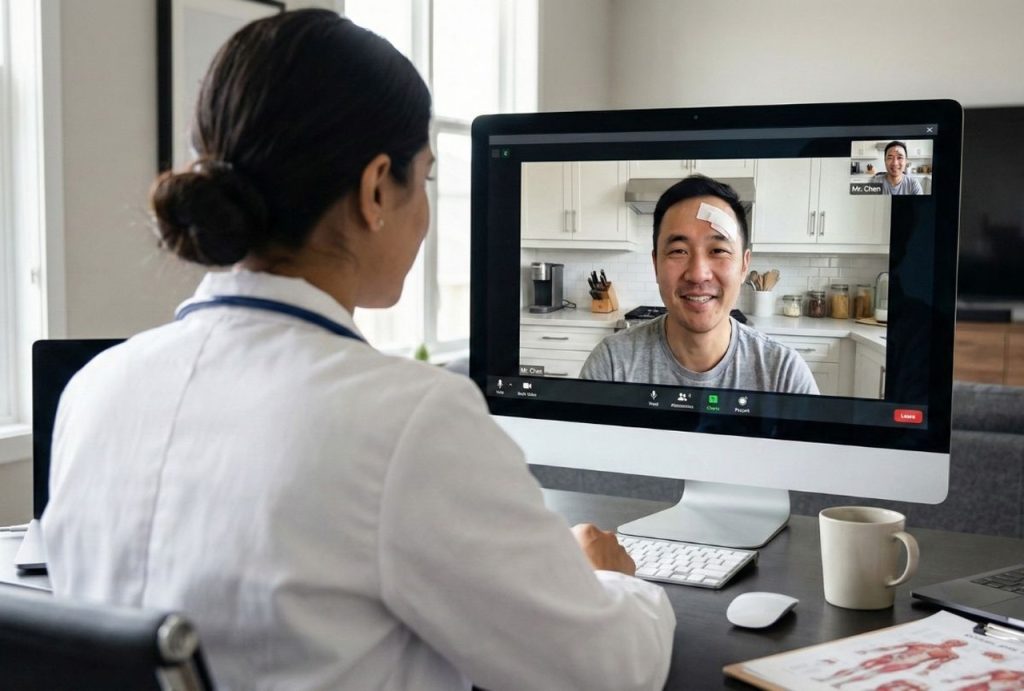 Doctor conducting a telehealth appointment with a patient who may need a follow-up strep throat test urgent care referral.