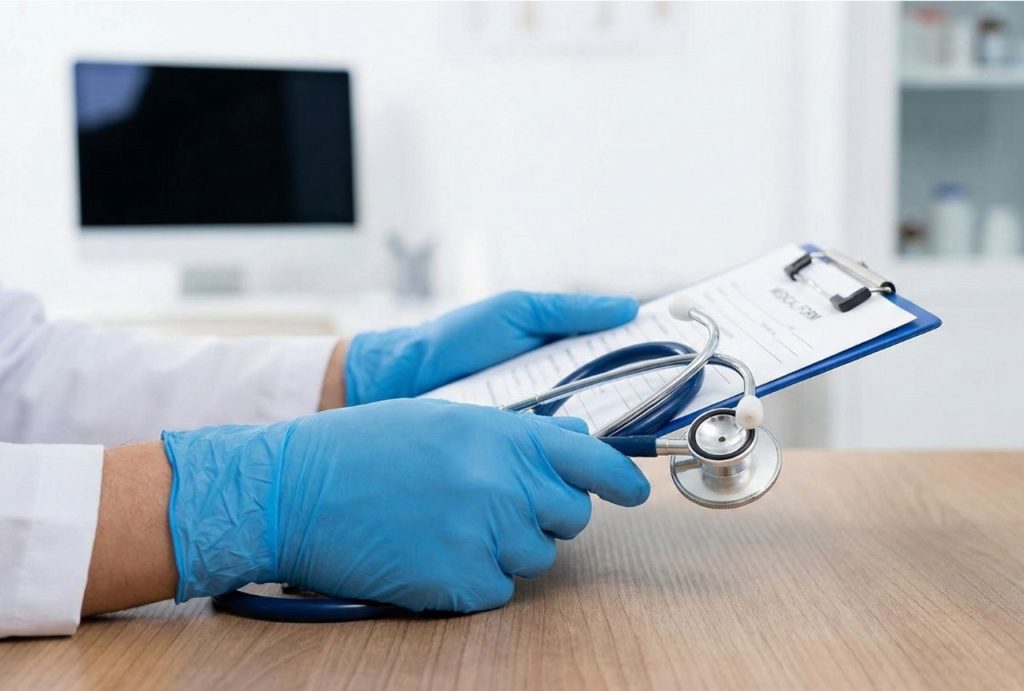 Doctor holding a clipboard and stethoscope to discuss a positive strep throat test at an urgent care in Houston.