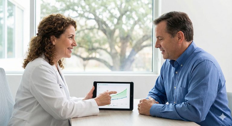 Experienced diabetes doctor Houston reviewing glucose trends and health metrics on tablet with patient for effective diabetes care and monitoring.