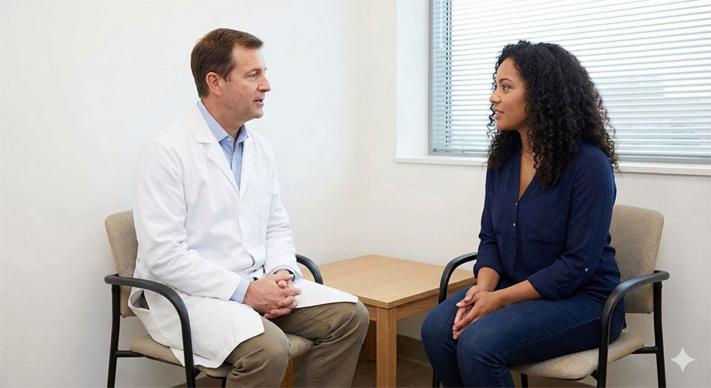 Experienced physician engaging in thoughtful discussion with patient: Discover Ambetter accepted doctors Houston for comprehensive medical consultations and treatment.