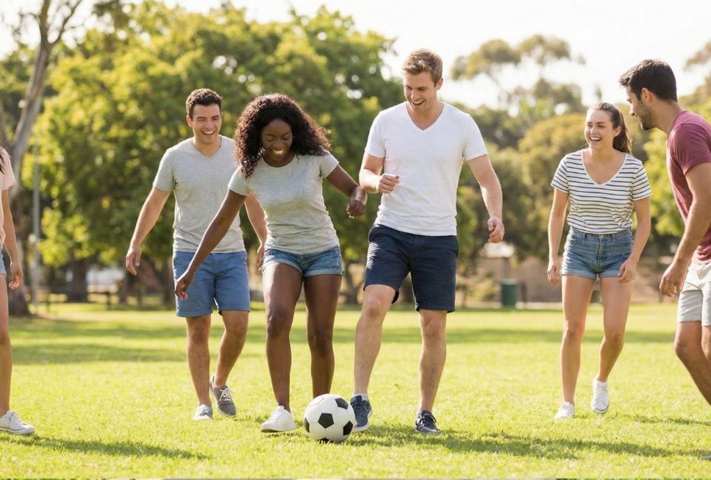 Friends playing soccer, a common cause of sports injuries treated at local ambetter covered medical clinics.