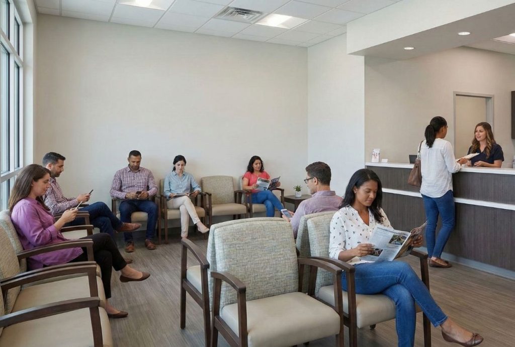 A diverse group of patients waiting in the modern reception area of a walk-in clinic accepting Ambetter insurance.