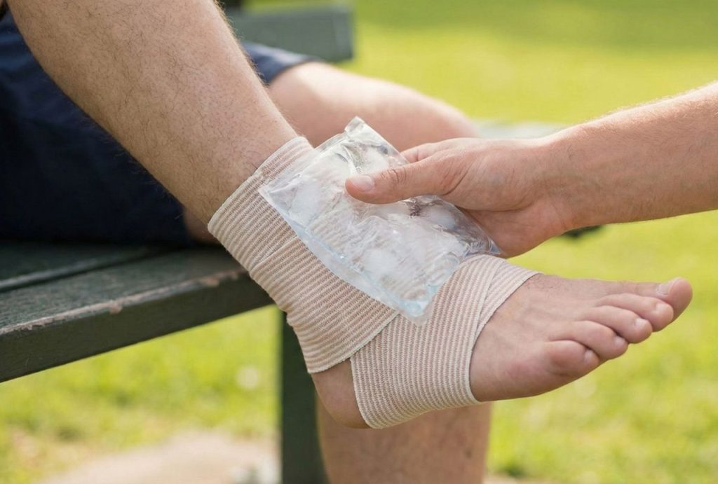 A person applies an ice pack to a bandaged ankle in a park, a common injury treated at ambetter covered medical clinics.
