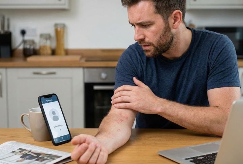 Same day doctor visit via telehealth: patient checks skin irritation while connecting with provider from home.