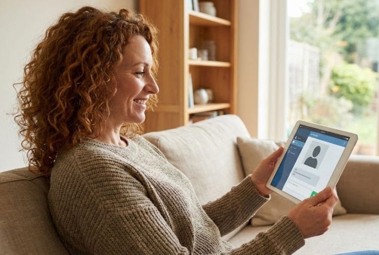 Same day doctor visit from home: patient uses tablet for virtual consultation in relaxed, tech-enabled setting.