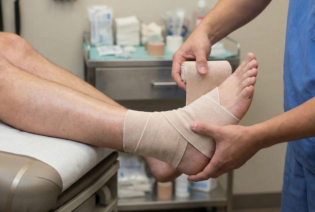 Professional wrapping a sprained ankle at a medical center providing rapid strep throat test urgent care Houston.