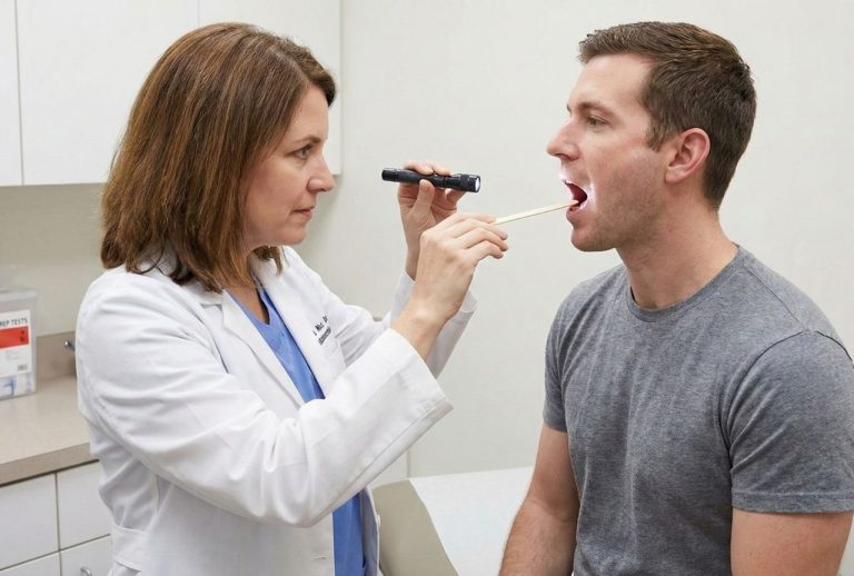 Female physician using a penlight to perform a strep throat test on a male patient at an urgent care in Houston.