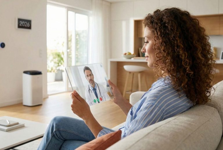 Woman consulting a virtual doctor via tablet about symptoms requiring a potential strep throat test urgent care visit.