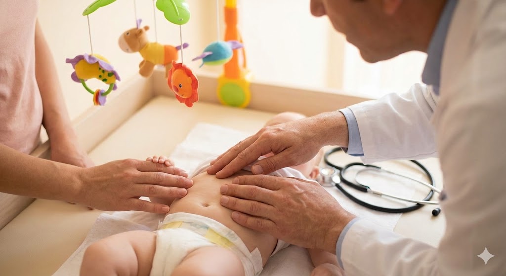 A close-up of a doctor's hands examining an infant's abdomen, family medicine doctor Houston.