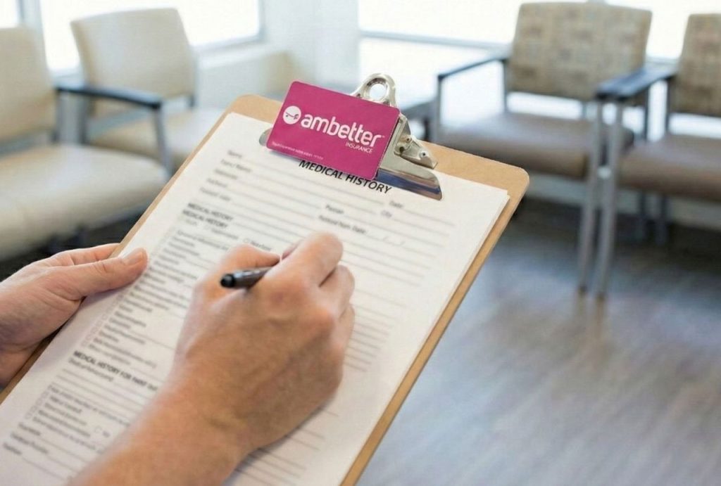 Close-up of a patient completing a medical history form with their Ambetter card attached, a common process at Ambetter accepted doctors Houston.