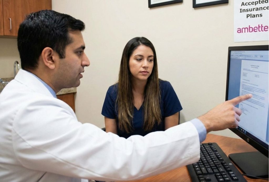 Doctor and staff member discussing coverage options available at Community Health Choice accepted doctors Houston office.