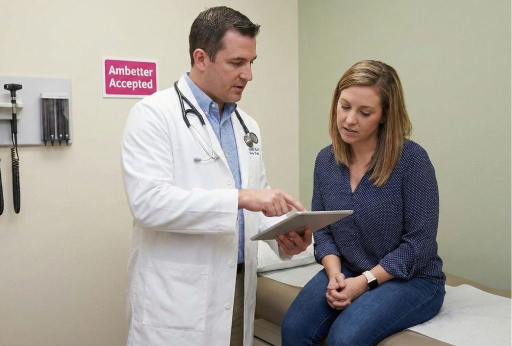 A doctor in an urgent care exam room with an "Ambetter Accepted" sign, consulting with a patient and pointing to a tablet.