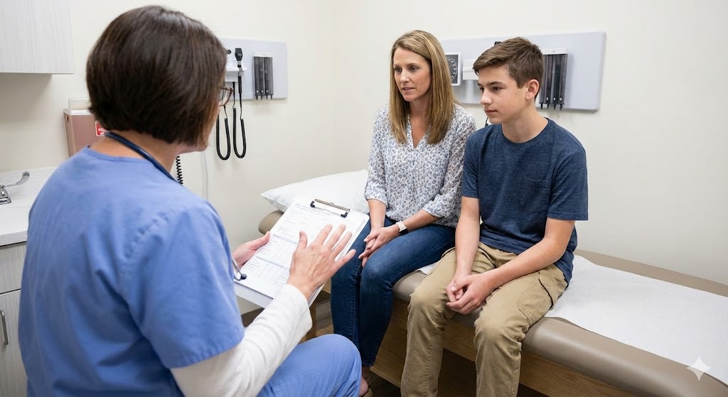 A family medicine doctor Houston consults with a mother and her teenage son in an examination room.