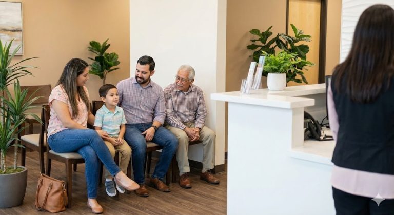 A family waits for their appointment at a family medicine doctor Houston clinic, showing care for patients of all ages.