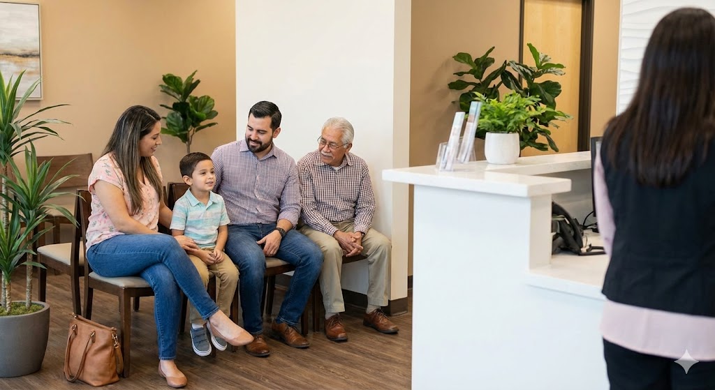 A family waits for their appointment at a family medicine doctor Houston clinic, showing care for patients of all ages.