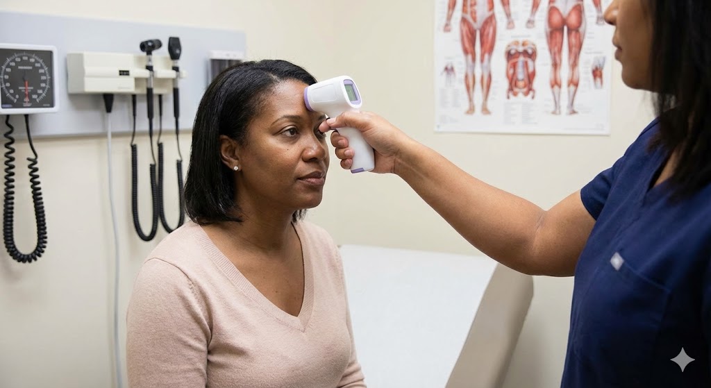 A medical assistant takes a patient's temperature during an annual exam at a primary care doctor's office in Houston.