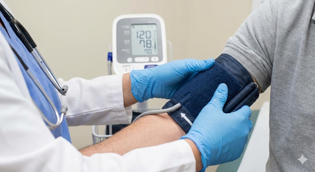 A medical professional checking a patient's blood pressure during an annual exam at a primary care doctor's office.