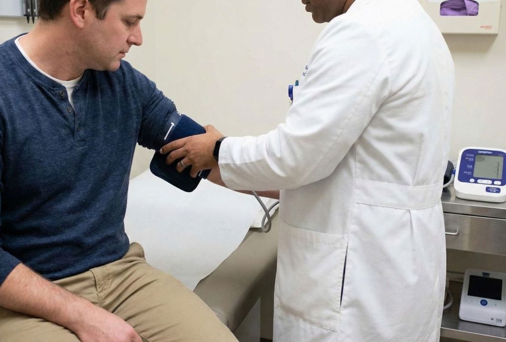 A medical professional in a white coat checks a patient's blood pressure during an exam, a typical service provided by Ambetter accepted doctors Houston.