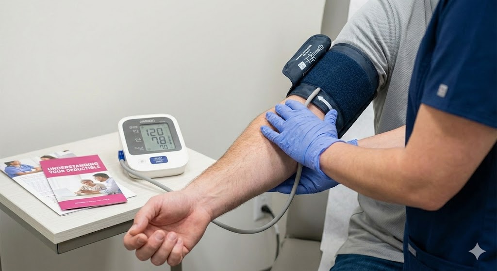 Medical staff at a Houston walk-in clinic check blood pressure for a patient with Community Health Choice insurance.