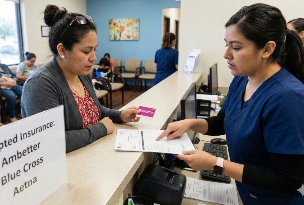 Medical staff reviews paperwork for a patient seeking care from Community Health Choice accepted doctors Houston clinic.
