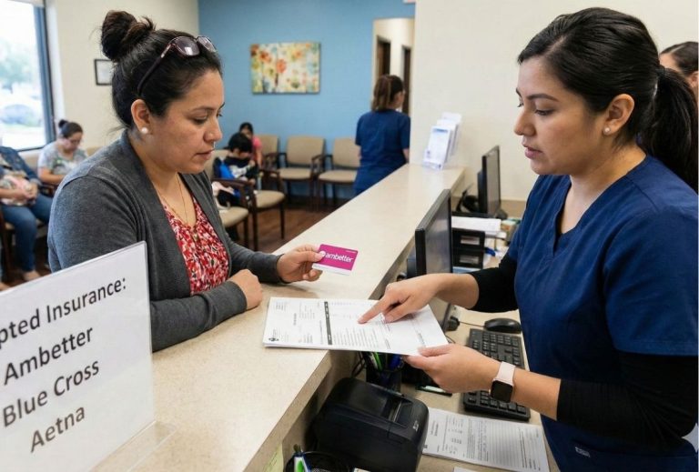 Medical staff reviews paperwork for a patient seeking care from Community Health Choice accepted doctors Houston clinic.