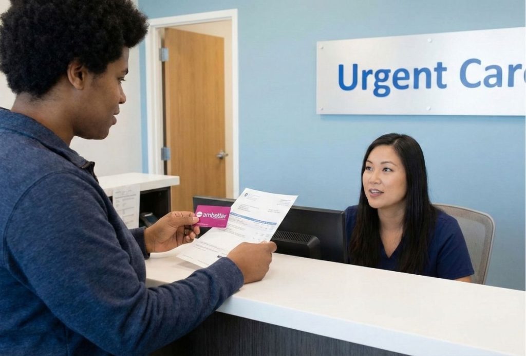 A patient checks in at a medical front desk using an Ambetter card, a common step when visiting Ambetter accepted doctors.
