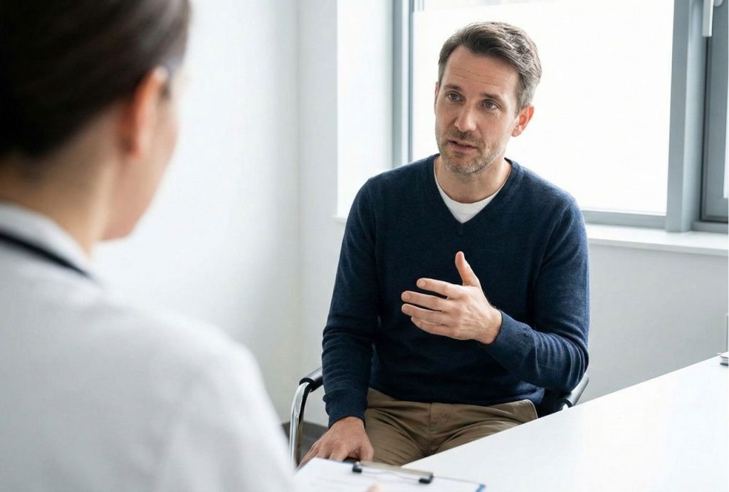 A patient discusses their medical history during a first consultation with one of the Ambetter accepted doctors Houston.