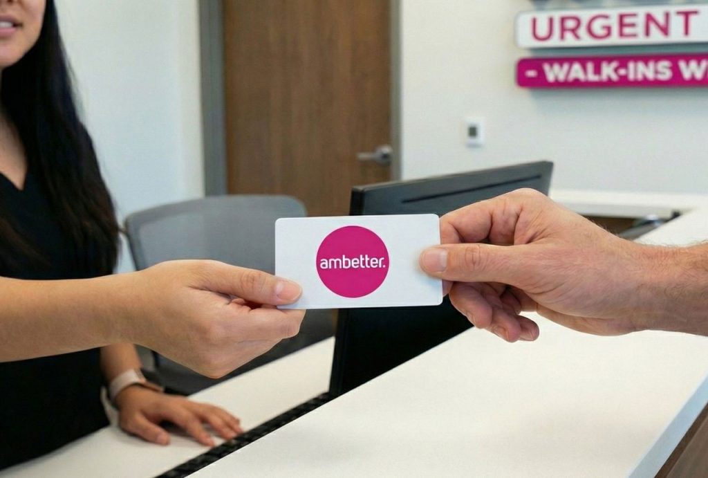 A patient hands an Ambetter insurance card to a receptionist at an urgent care clinic, the first step when visiting Ambetter accepted doctors Houston.