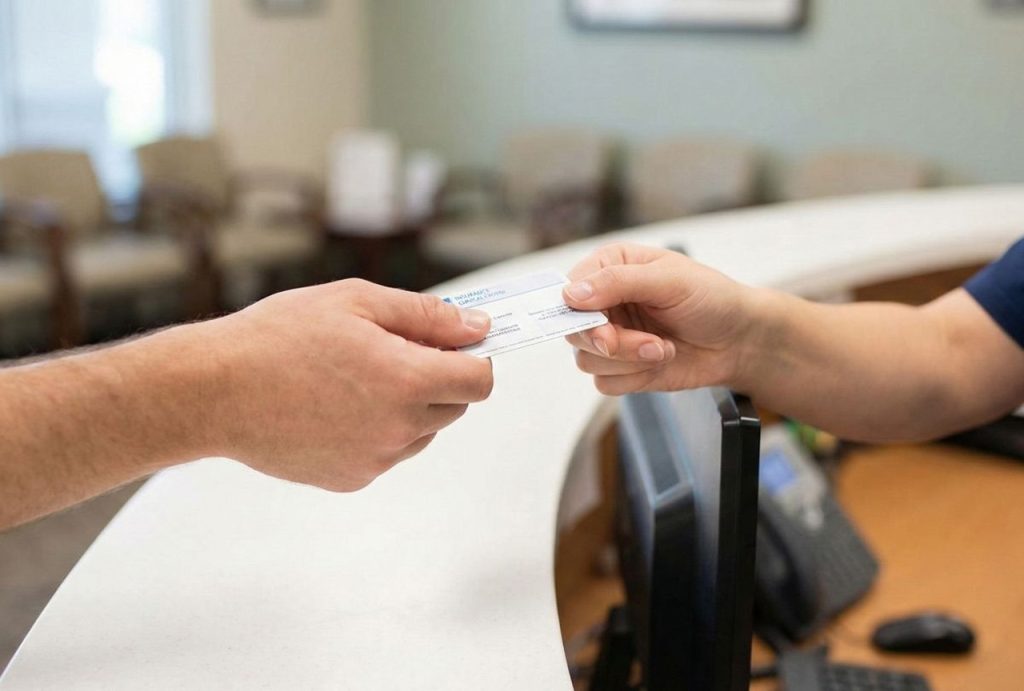 A patient hands their insurance card to a receptionist at a front desk, checking in for a visit with Ambetter accepted doctors.