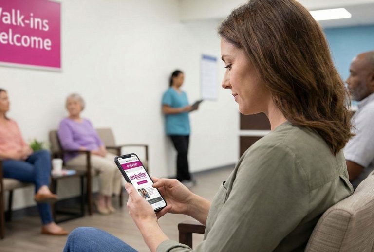 A patient in a walk-in clinic waiting room using her smartphone to find local Ambetter accepted doctors without a referral.