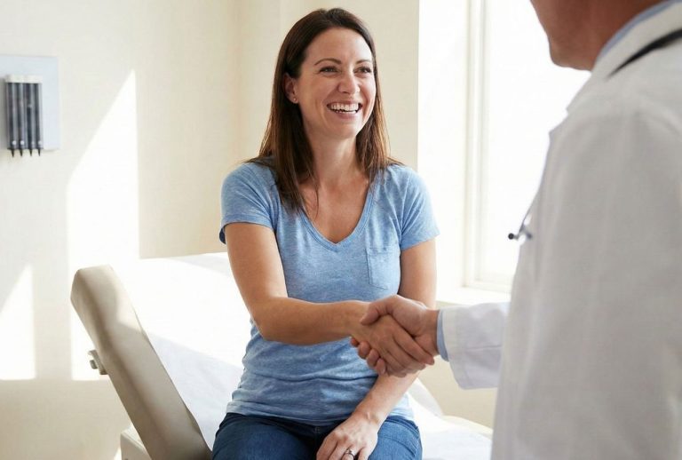A patient smiles and shakes hands with one of the new Ambetter accepted doctors Houston, signifying a successful switch to a new provider.