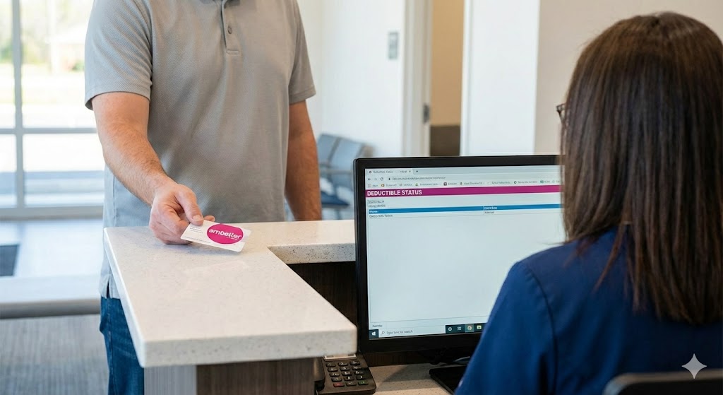 A patient visits a Houston walk-in clinic to verify their Community Health Choice insurance coverage at the front desk.