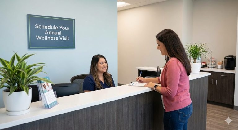 Reception desk at a primary care doctor's office in Houston with a sign for annual wellness visits.