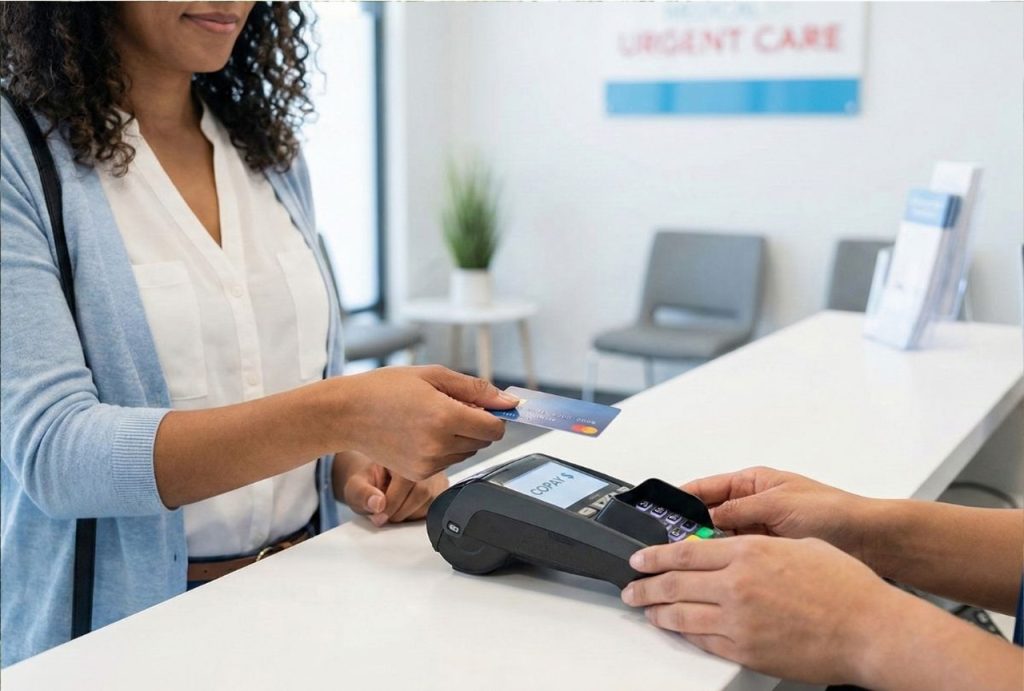 A woman is paying her copay with a credit card at the front desk of an Ambetter urgent care clinic after her visit.