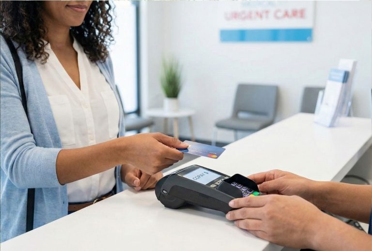 A woman is paying her copay with a credit card at the front desk of an Ambetter urgent care clinic after her visit.