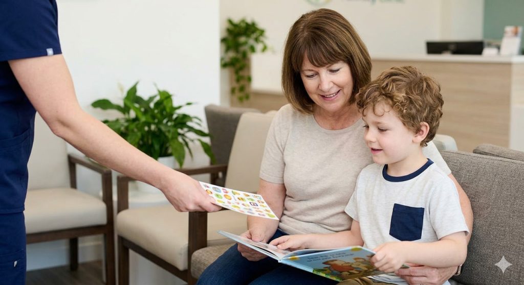 Waiting for a doctor's visit, a boy receives stickers from staff in our family clinic houston lobby.