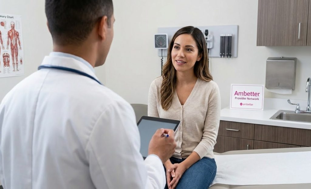 An over-the-shoulder shot of a doctor consulting a patient in a Houston clinic, focusing on finding Ambetter accepted doctors.