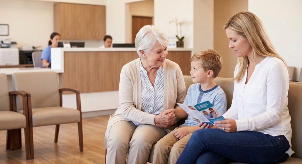 Generations of a family sit comfortably and review a healthcare brochure at our family clinic houston.