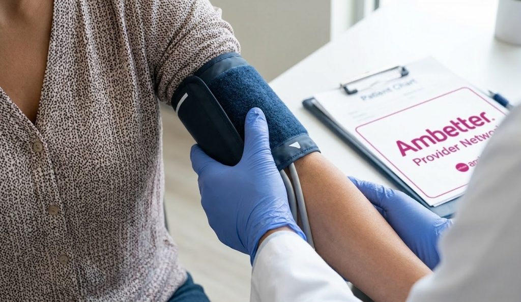 A medical assistant takes a patient's blood pressure during a routine check-up at a Houston clinic accepting Ambetter insurance.