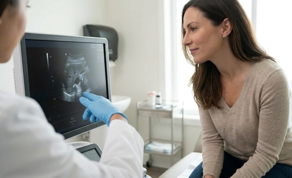 Patient views diagnostic scan details with an Ambetter accepted doctor Houston in a modern exam room.
