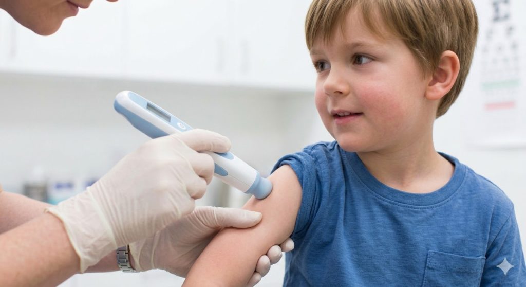 A pediatrician provides a child's immunization injection, a service offered at our family clinic houston.