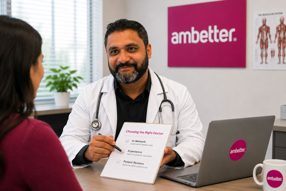 Ambetter doctors in Houston explain choosing the right provider with checklist, laptop, and patient consultation in office.